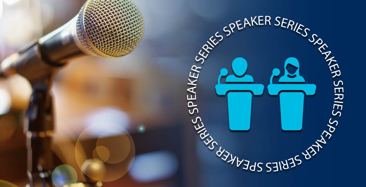 IDEAL Speaker Series logo featured with microphone and podium