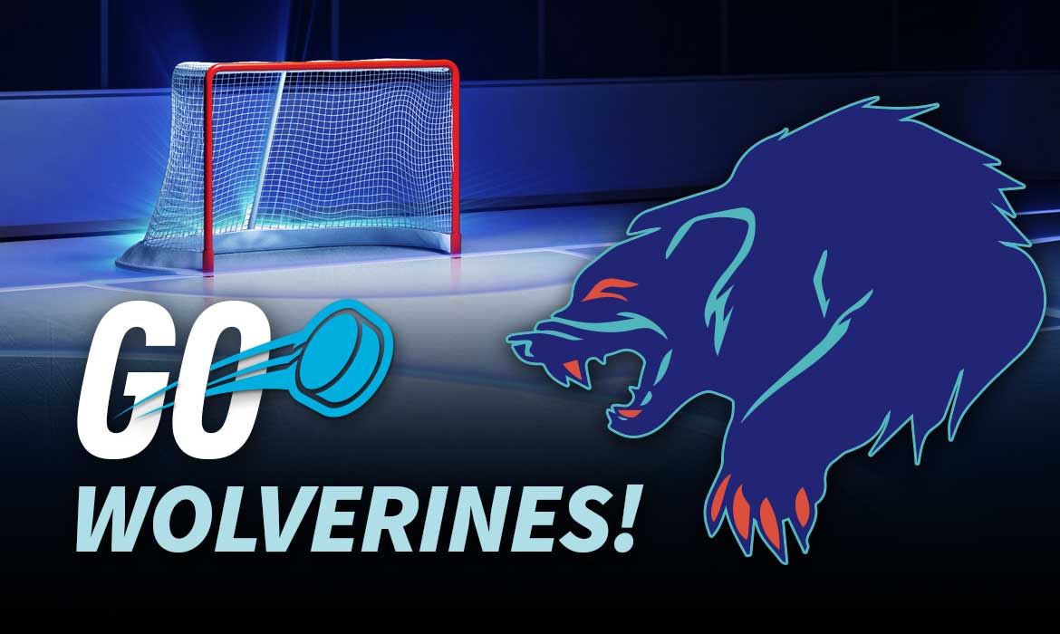 Anchorage Wolverines logo on background of ice arena with hockey net