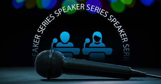 Concept image showing an available microphone on stage with black background and Speaker Series logo