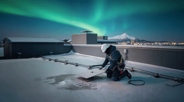 Technician Installing Starlink on snowy roof with Northern lights