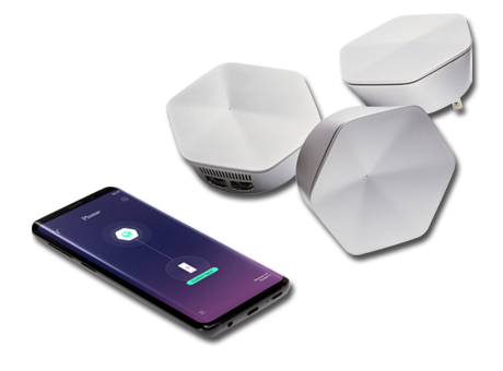 Plume SuperPods shown to scale near smartphone