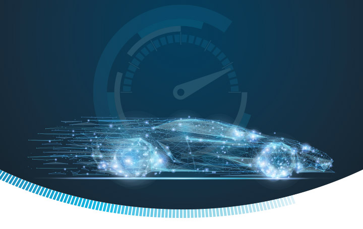 Concept image featuring a speeding race car with a tachometer cluster in the background