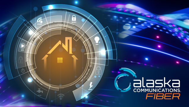 Alaska Communications Fiber logo featuring a smart home powered by a colorful fiber network